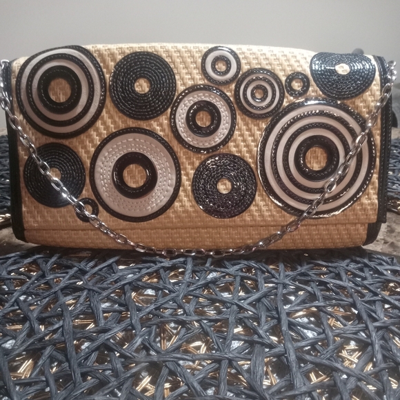 Cole Haan Handbags - COLE HAAN Vintage Woven natural Pixie straw black patent leather trim Clutch